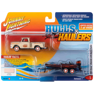 Johnny Lightning 1:64 Truck & Trailer - 1965 Chevy Stepside Pickup with Bass Boat and Trailer Beige