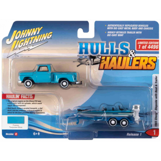 Johnny Lightning 1:64 Truck & Trailer - 1965 Chevy Stepside Pickup with Bass Boat and Trailer Blue