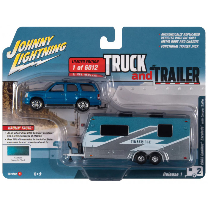 Johnny Lightning 1:64 Truck & Trailer - 2005 Cadillac Escalade Teal with Camper Trailer
