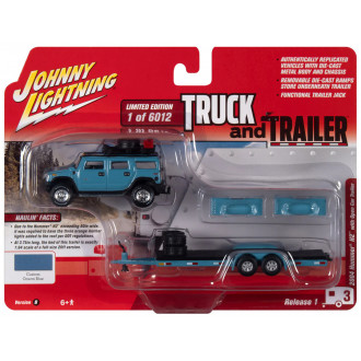 Johnny Lightning 1:64 Truck & Trailer - Hummer H2 with Open Trailer Ocean Blue