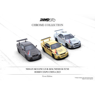 Inno64 1:64 - Set 3 szt. - Nissan Skyline GT-R R34 R-Tune Silver, Black and Gold Chrome